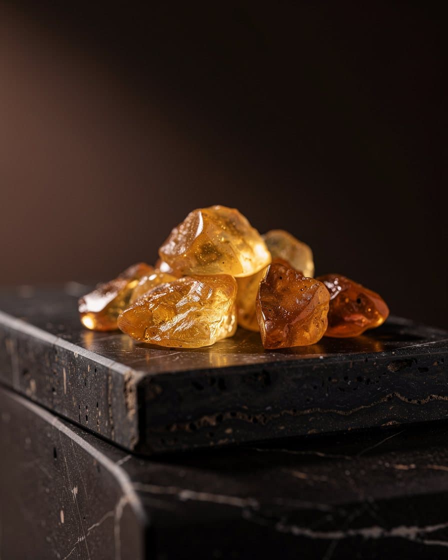 Glowing pieces of golden amber resin