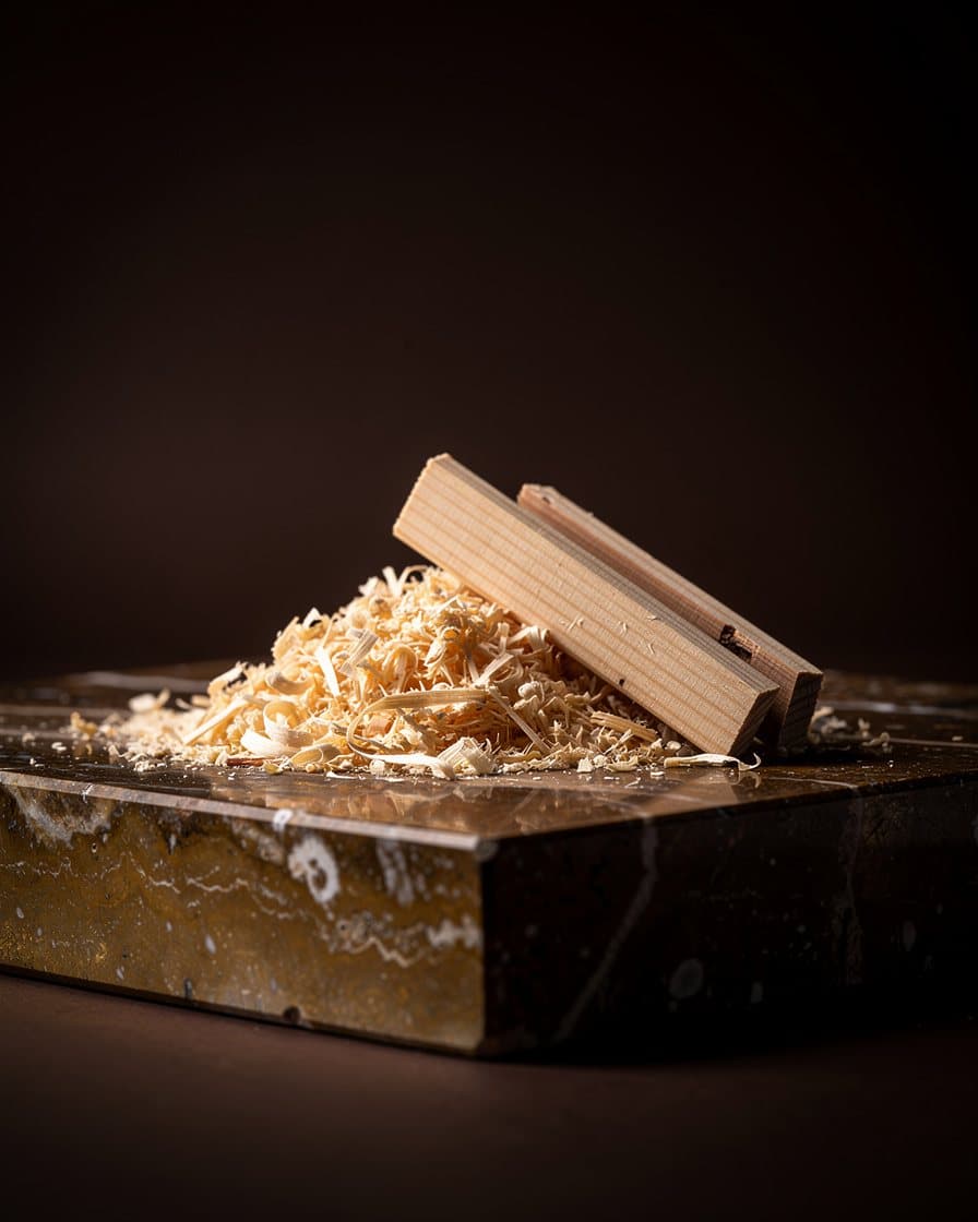 Cedar shavings and split cedar wood on a dark stone block