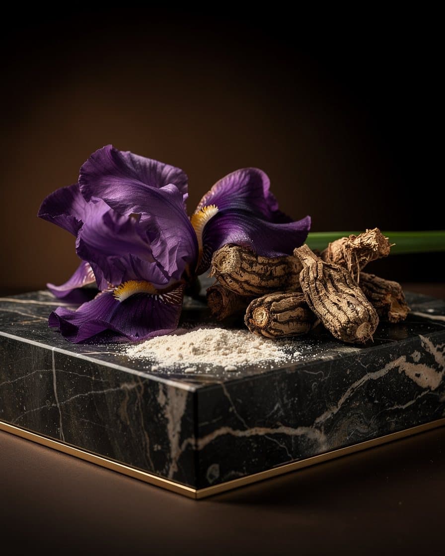 A purple iris flower beside dried orris roots and pale powder