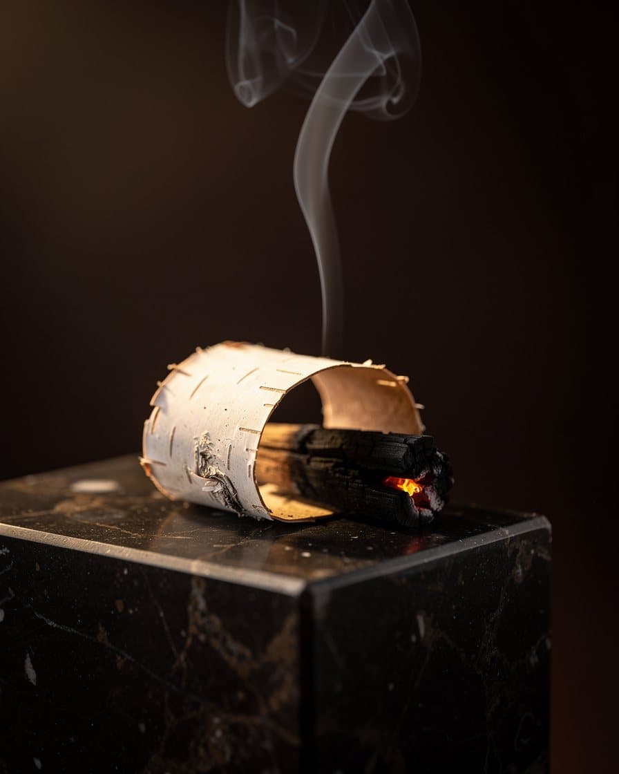 Birch bark and a smouldering wood chip with a ribbon of smoke